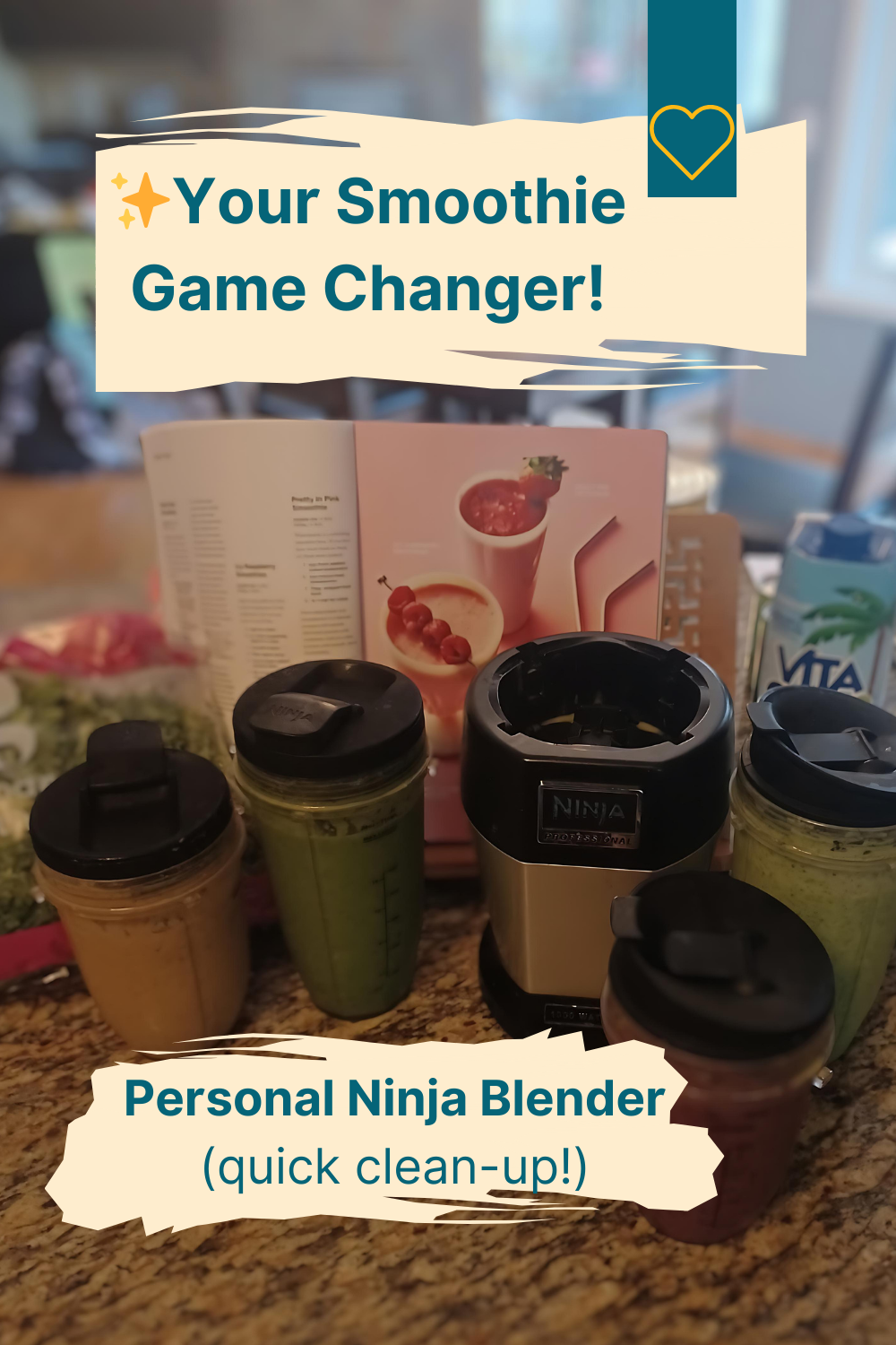 Your smoothie game changer. Personal Ninja Blender" displayed on the image. The blender is placed in the foreground, with two smoothie-filled cups beside it. A smoothie recipe magazine is visible behind the cups, featuring vibrant, healthy drink ideas.