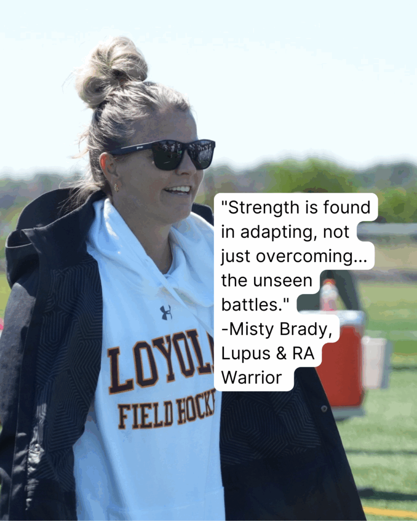 A coach in a white hooded sweatshirt with 'LOYOLA FIELD HOCKEY' printed on it, wearing sunglasses and smiling while walking on a sports field, with a quote about strength in adapting over overcoming displayed on the image.